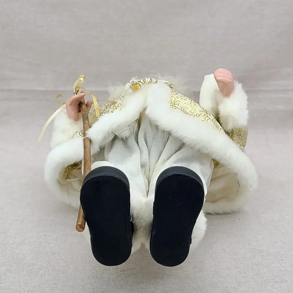 Vintage Santa Claus Figurine - White Gold With Staff, Faux Fur Trim - 18